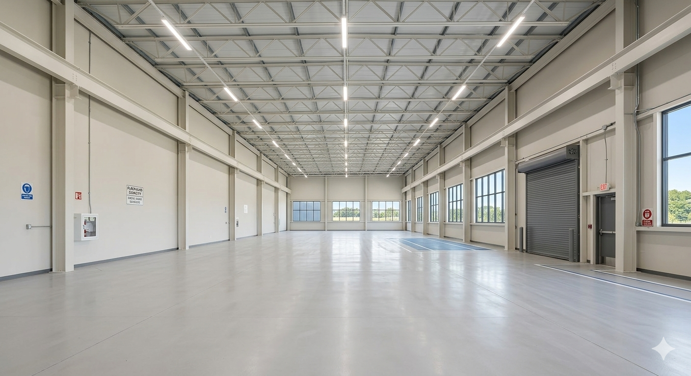 Empty industrial warehouse with a high ceiling, white floor, and large windows
