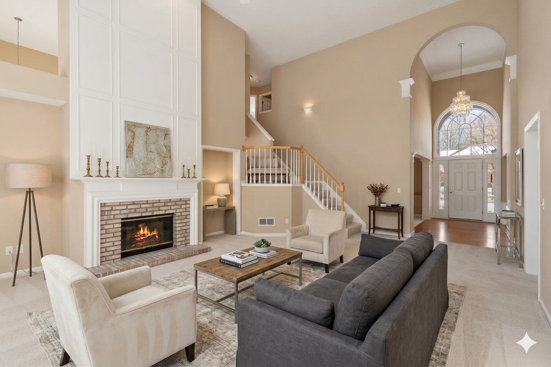 Bright living room with fireplace, dark sofa, white chair, staircase, and arched entryway leading to a foyer