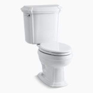 A white toilet with a lid on a white background.