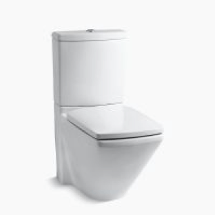 A white toilet with a white seat on a white background.