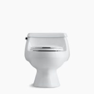A white toilet is sitting on a white surface.