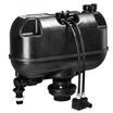 A black tank with a hose attached to it on a white background.