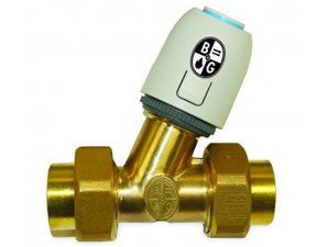 A brass valve with a white cap that says bg on it