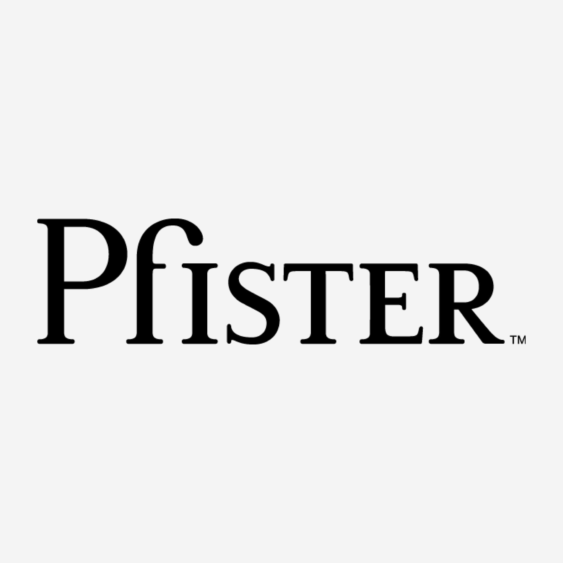 A black and white logo for pfister on a white background