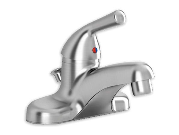 A silver faucet with a red and blue handle on a white background