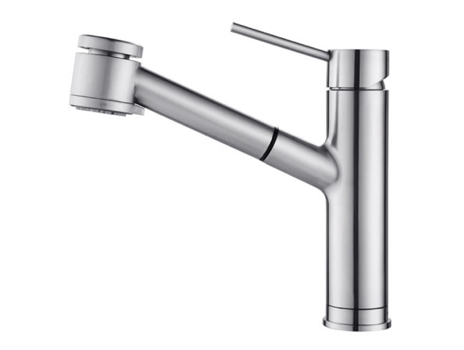 A stainless steel kitchen faucet with a pull out sprayer