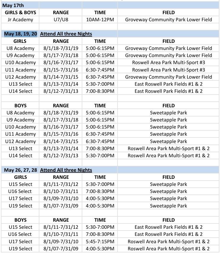 RSC 2026-27 Tryout Times and Locations