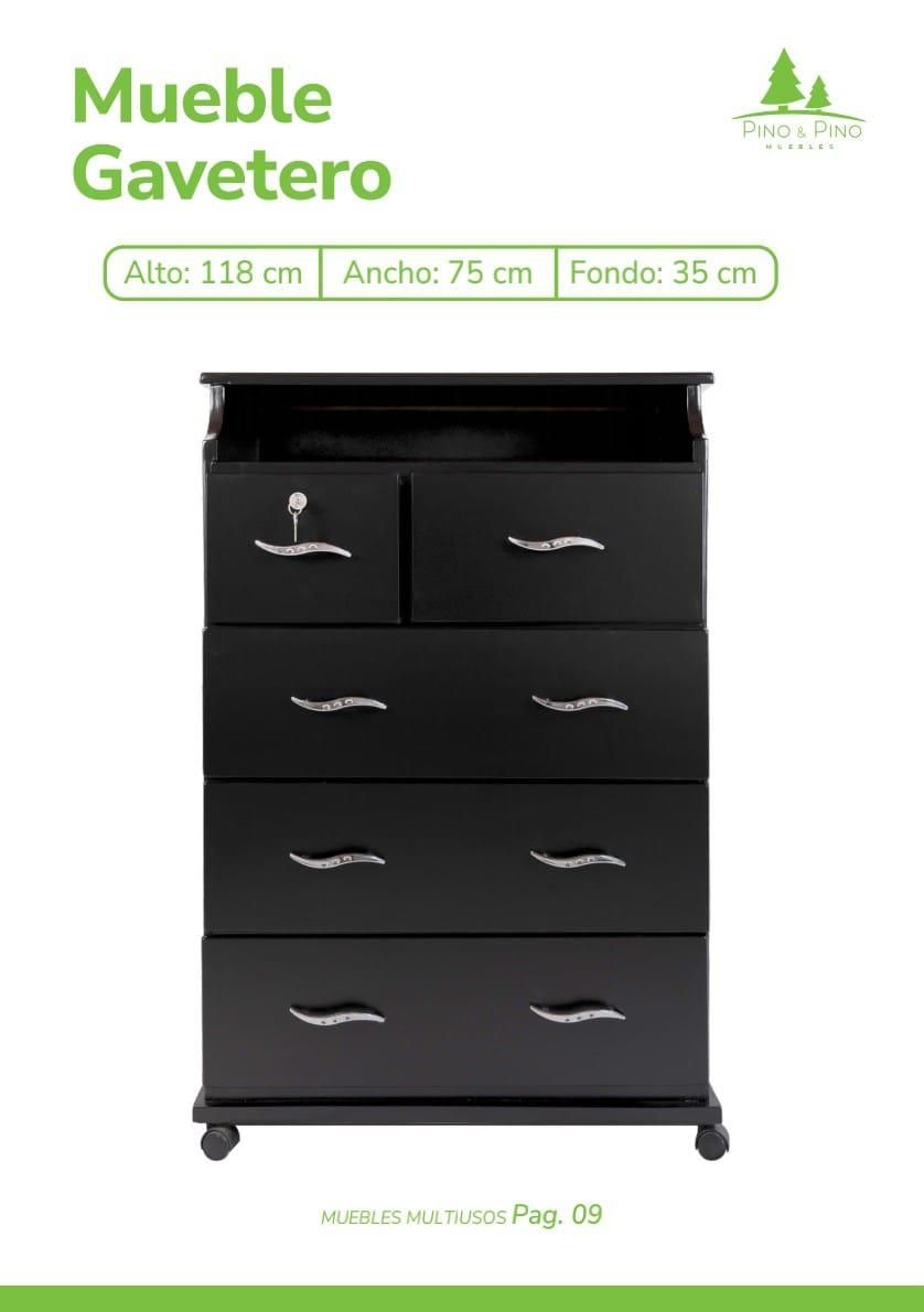 Cómoda de madera negra con ruedas, cuatro cajones de ancho completo y dos cajones superiores más pequeños