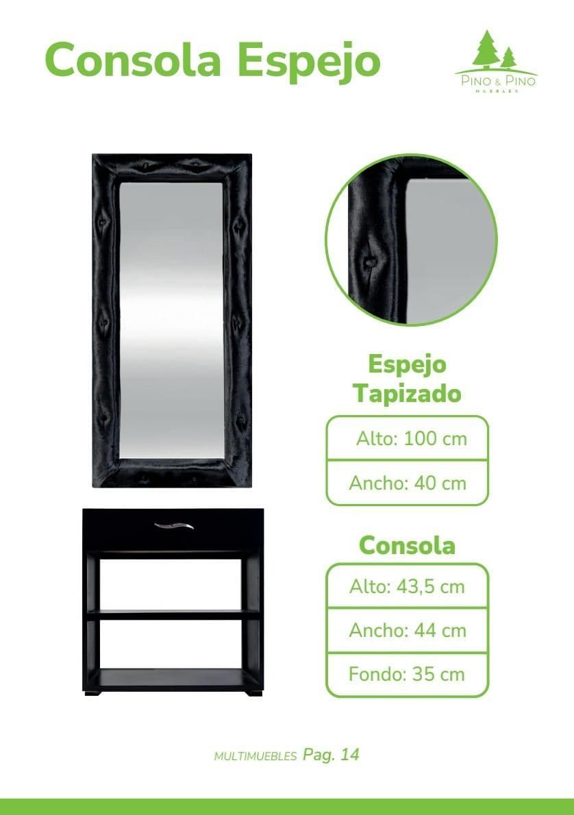 Un espejo tapizado en negro y una mesa consola a juego con dos estantes, acompañados de sus respectivas dimensiones.