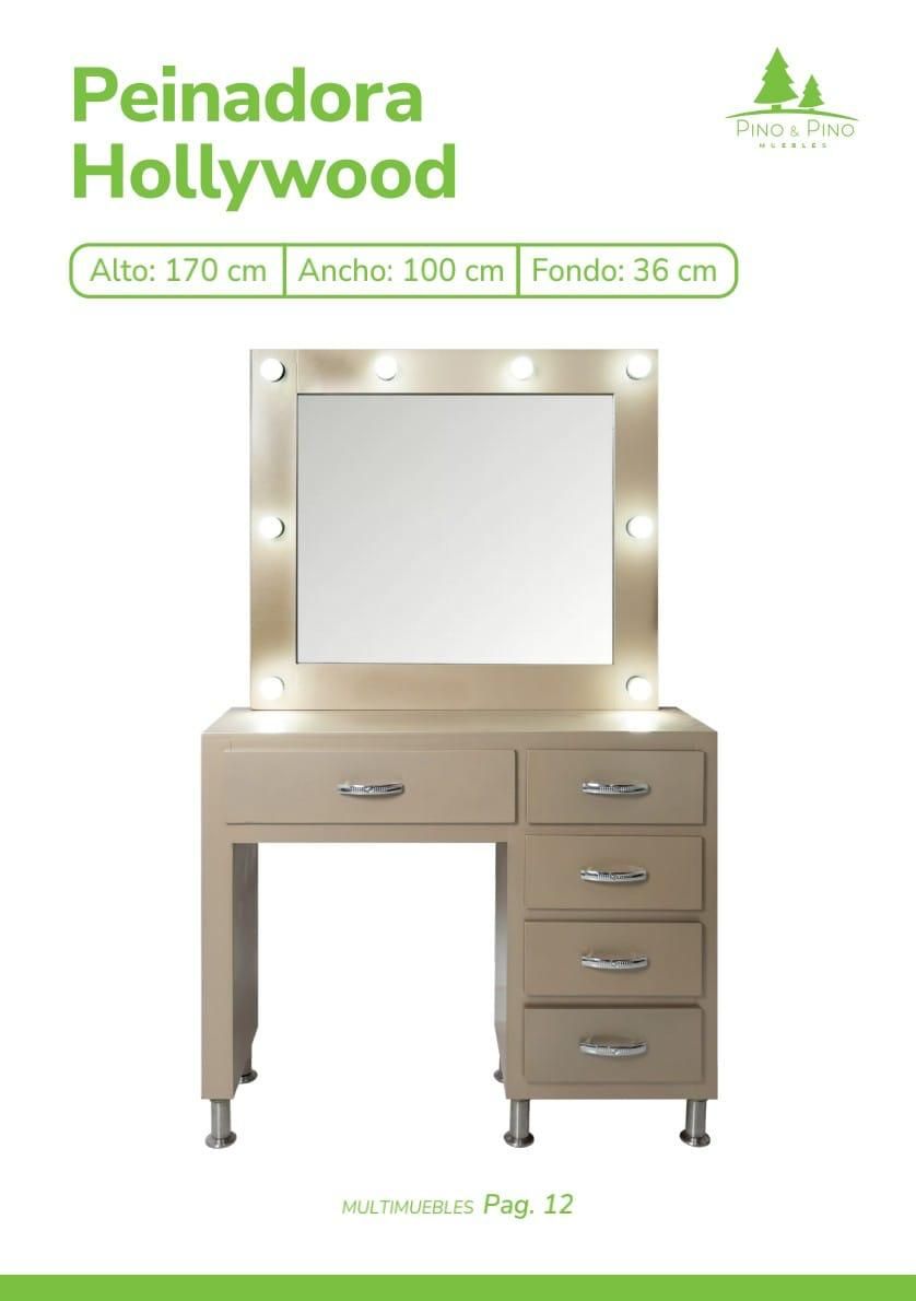 Un tocador de color beige estilo Hollywood con espejo iluminado y cinco cajones