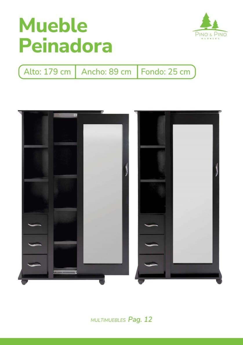 Mueble de baño negro con espejo, estantes y tres cajones