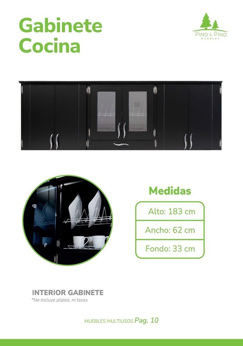 Un mueble de cocina de pared negro con puertas centrales con paneles de vidrio.