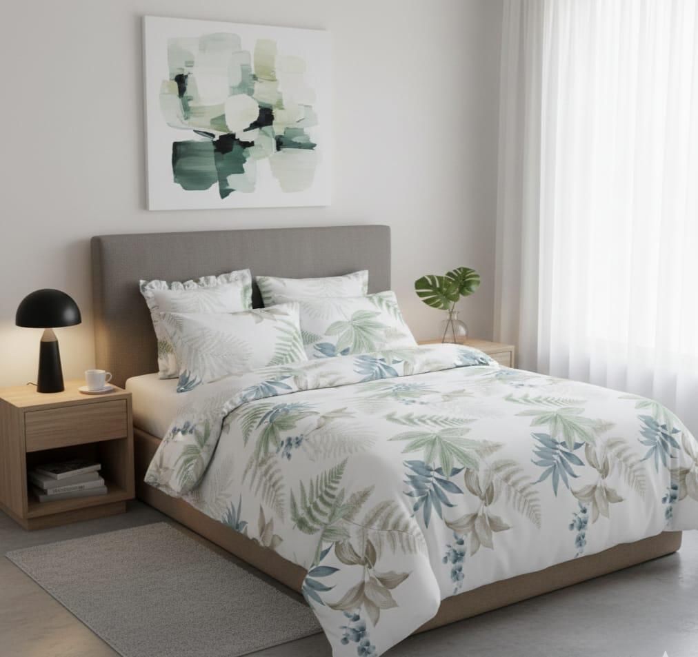 Un dormitorio con una cama con ropa de cama estampada con helechos blancos y verdes
