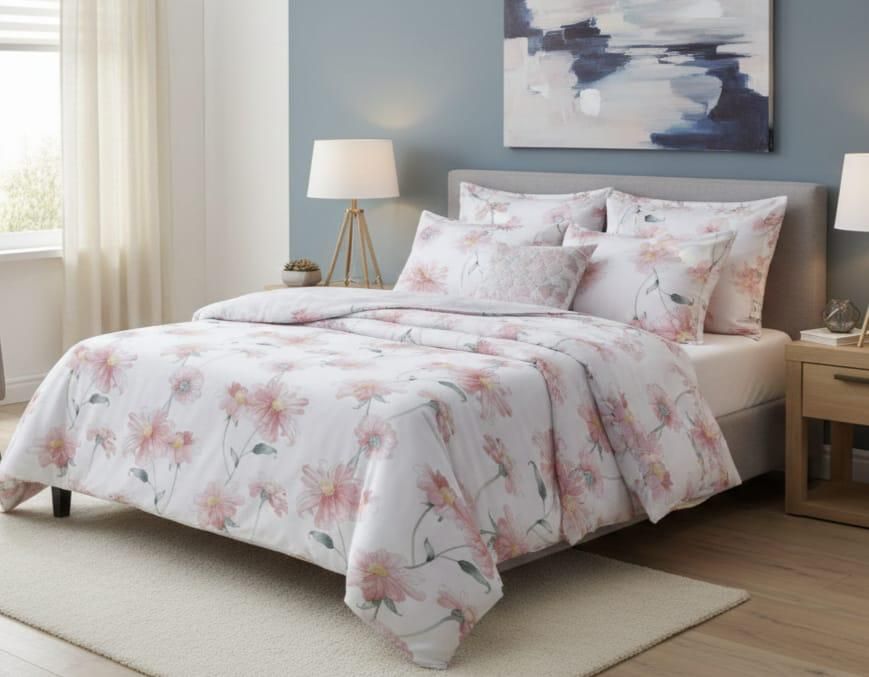 Una cama con un edredón blanco y almohadas con un delicado estampado floral rosa en un dormitorio decorado en tonos neutros.