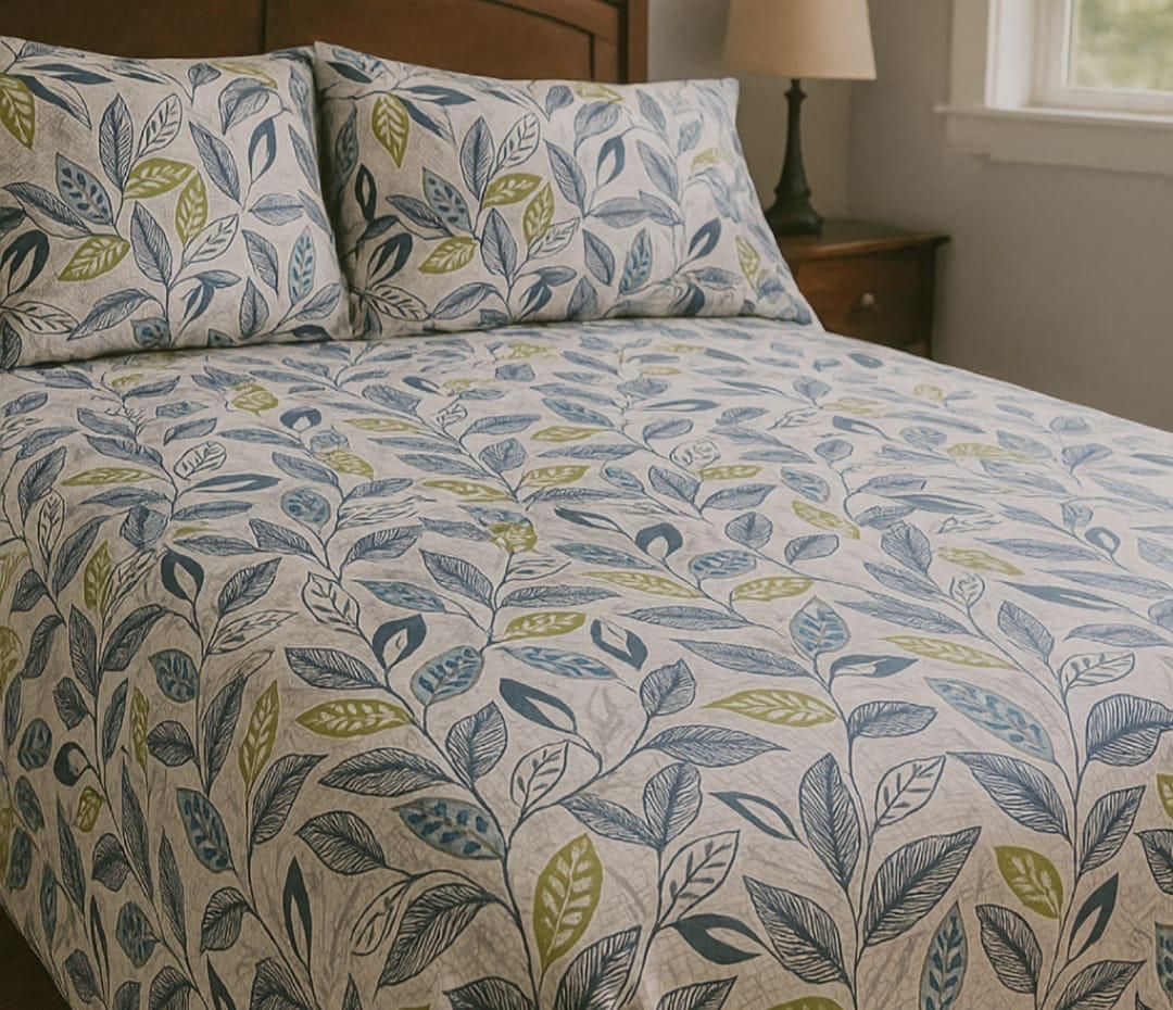 Una cama con una colcha y almohadas a juego con un estampado de hojas azules y verdes sobre un fondo claro y neutro.