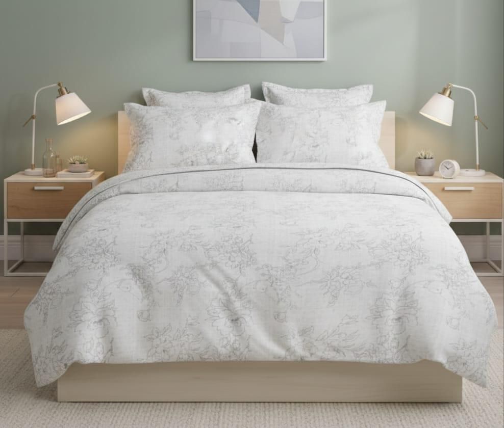 Un dormitorio moderno con una cama con ropa de cama floral en blanco y gris