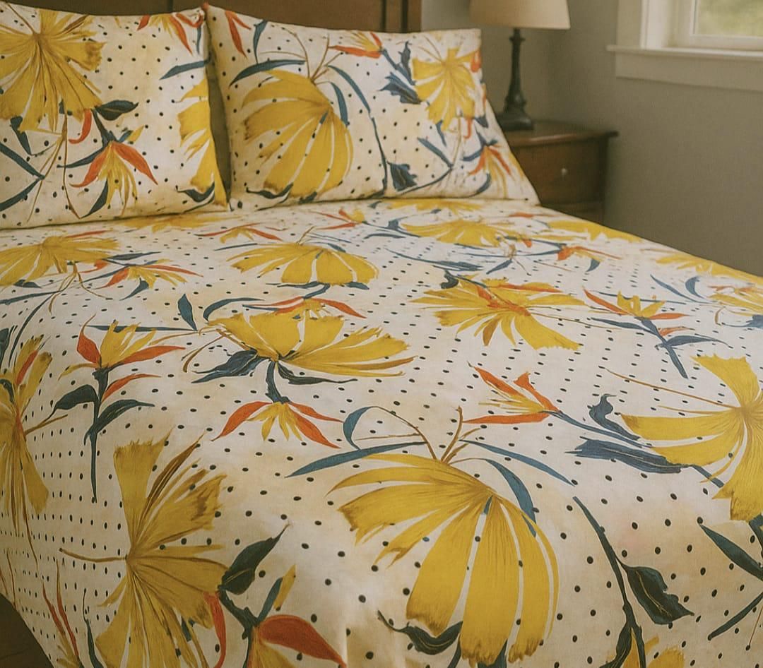 Cama con edredón blanco y almohadas con estampado floral amarillo con pequeños puntos negros sobre un armazón de madera.