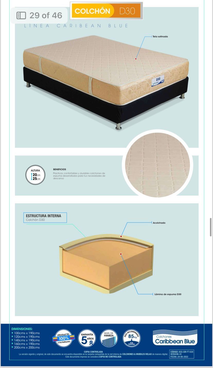 Página del catálogo de productos que muestra un colchón beige, la textura de su tejido