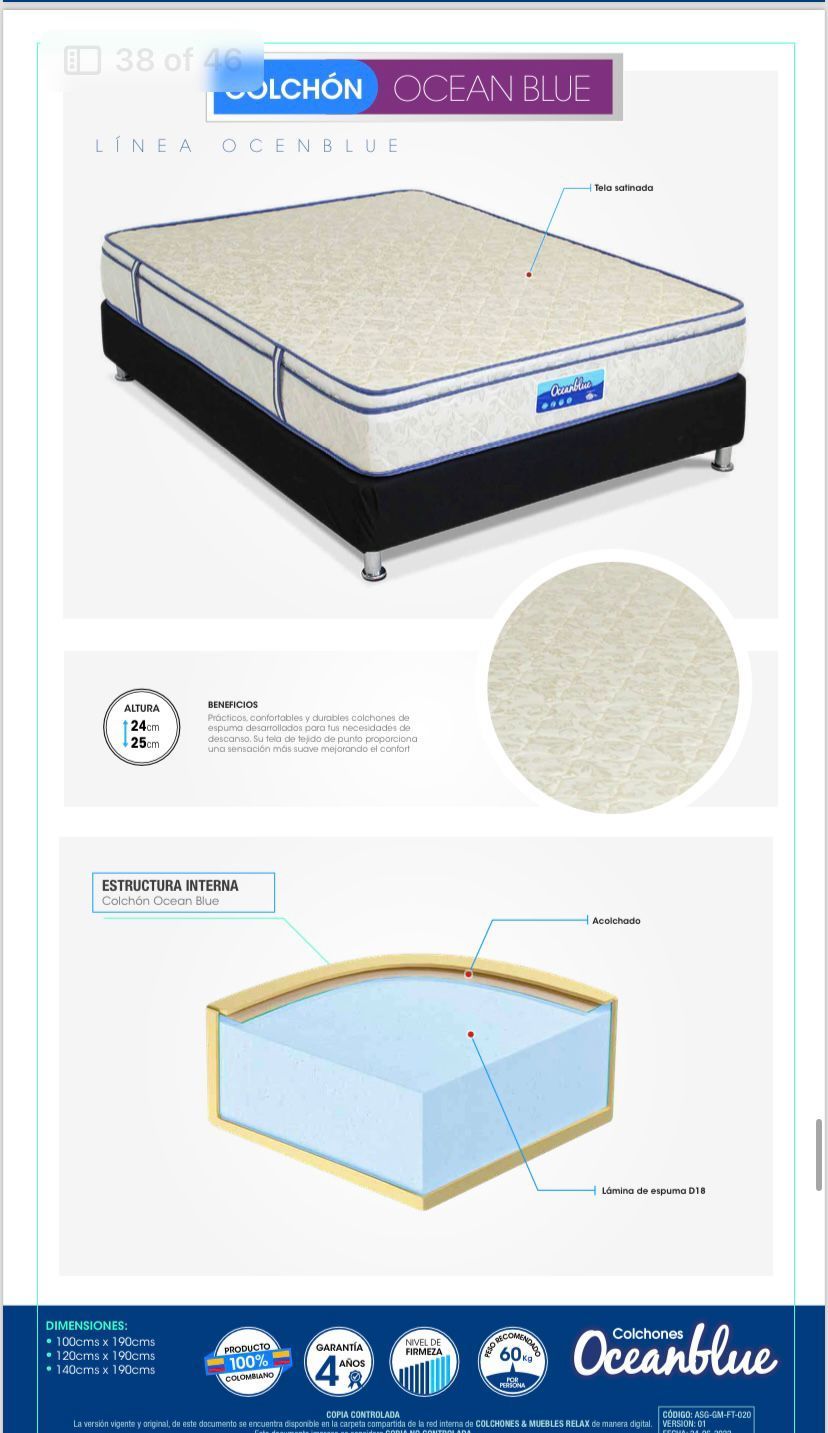 Folleto promocional de un colchón Oceanblue, que muestra la cama completa