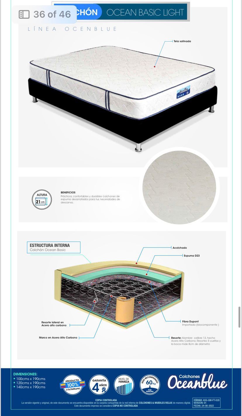 Exhibición de producto de un colchón Oceanblue, que muestra el colchón 