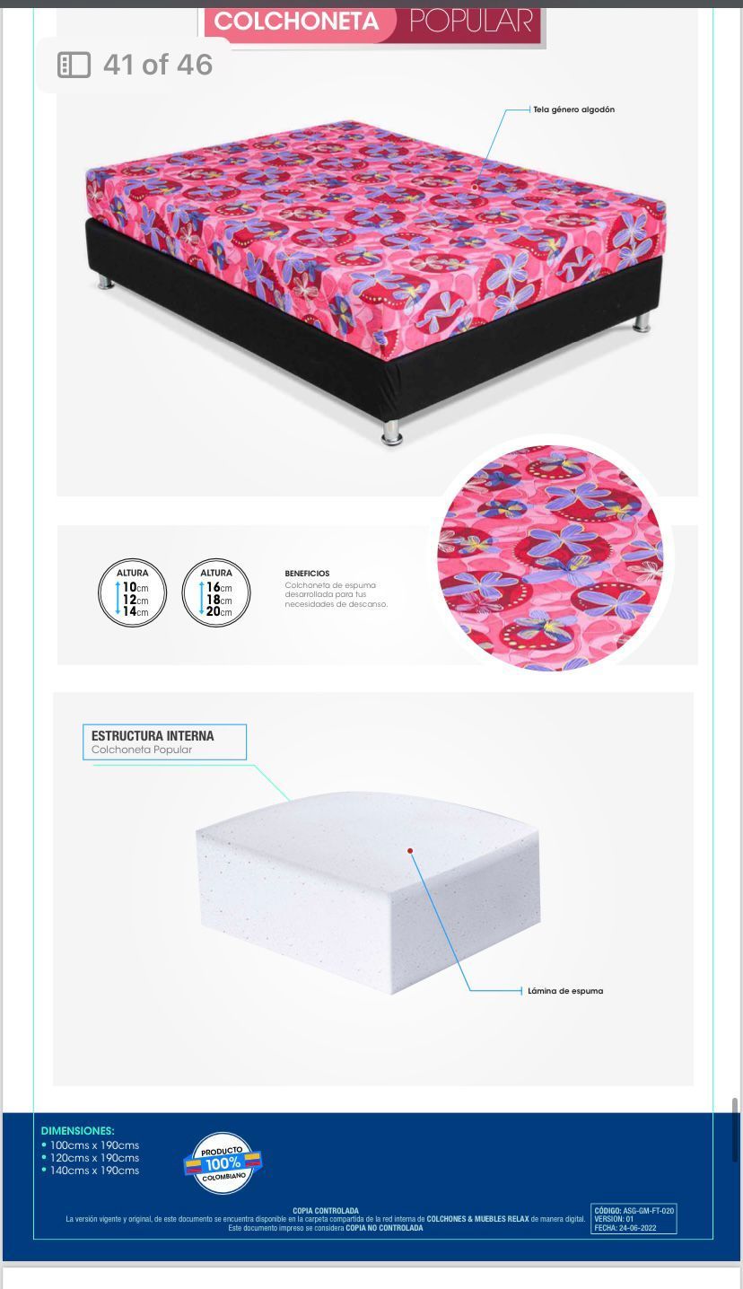Una página de catálogo de productos que muestra un colchón con una superficie superior de estampado rosa