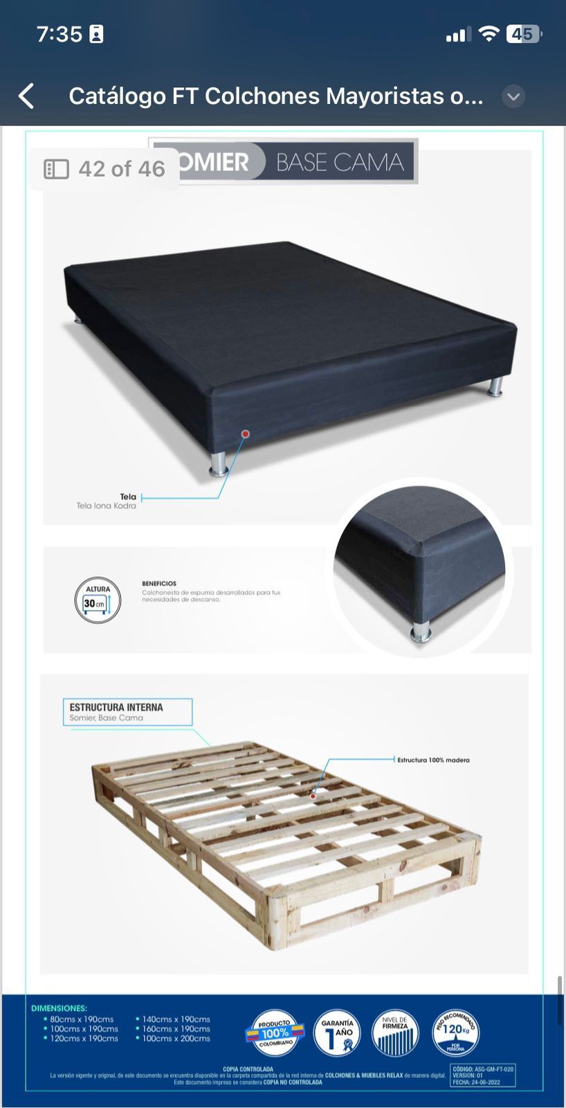 Página de producto de una base de cama tapizada en color oscuro