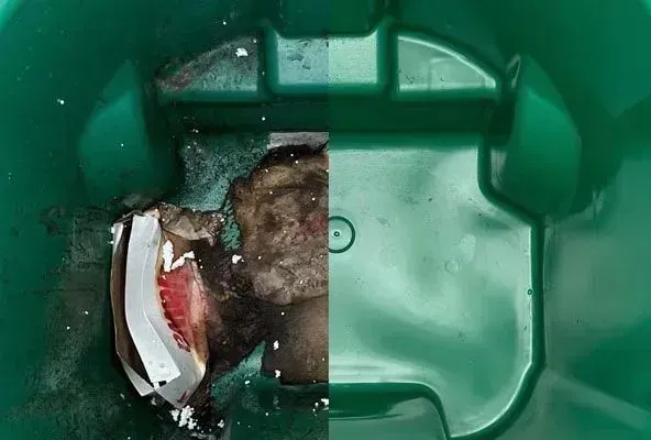 before and after trash bin cleaning showing dirty vs clean bin