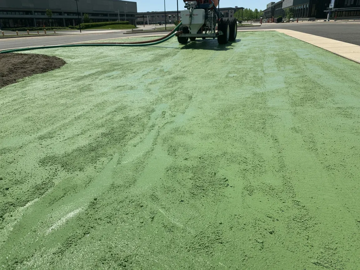 Green turf being sprayed on a sports field by a maintenance truck
