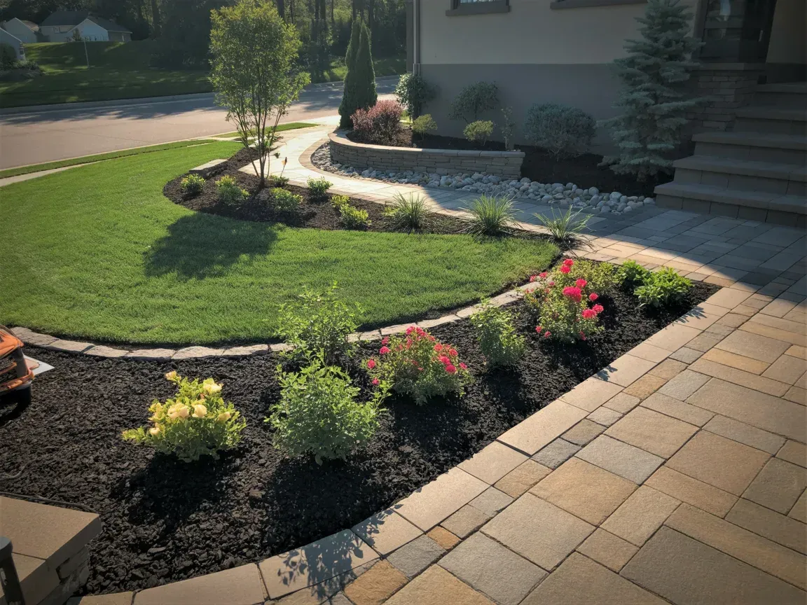 Curved landscaped garden beds with green lawn, pink flowers, and tan stone walkway beside a house