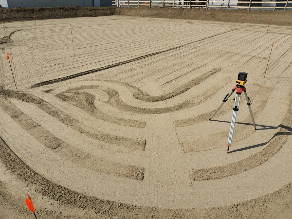 Surveyed dirt field with graded curved tire tracks and a tripod-mounted device near the right side