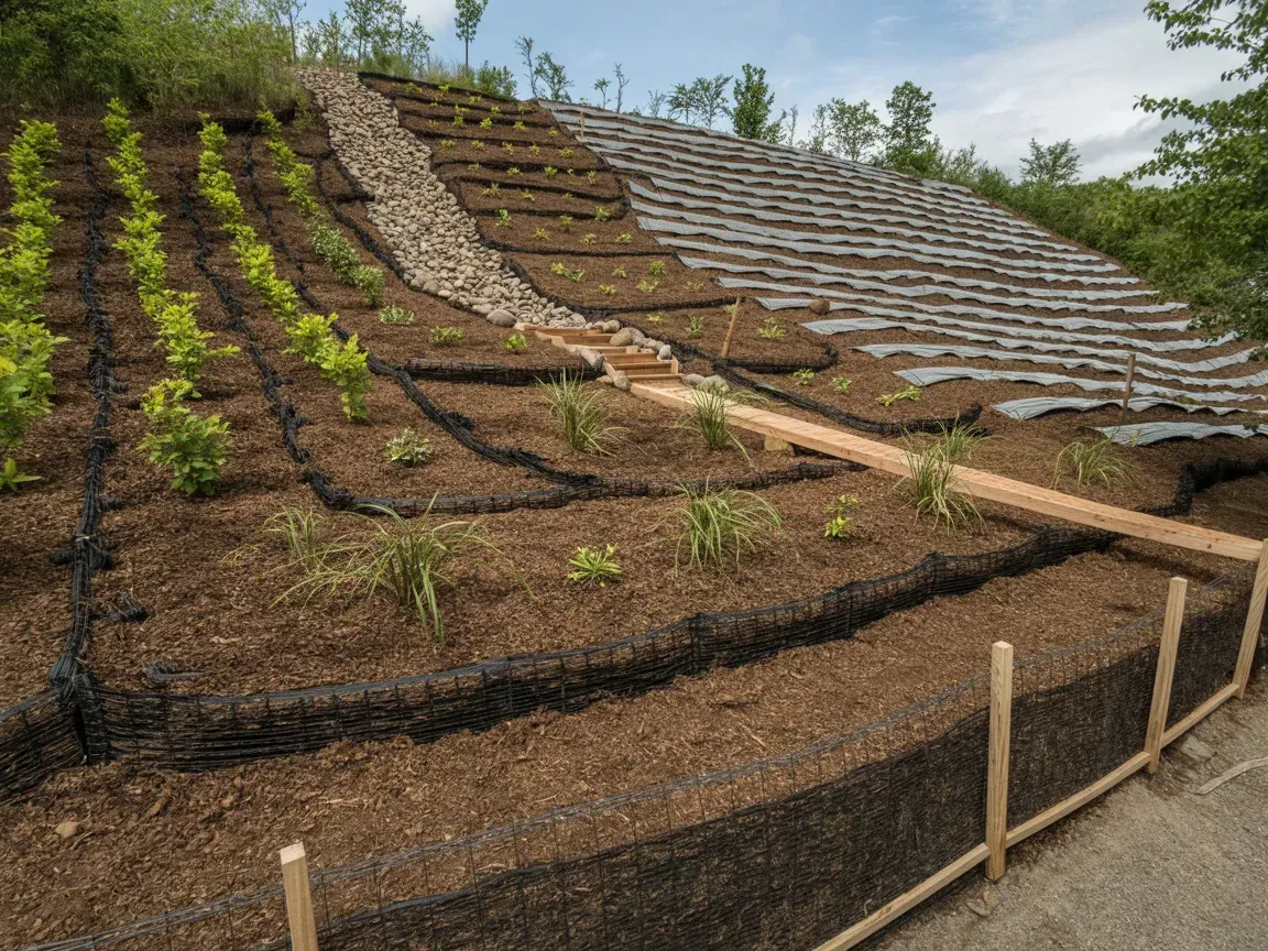 Terraced hillside garden with young plants, wooden steps, and a gravel path under a cloudy sky