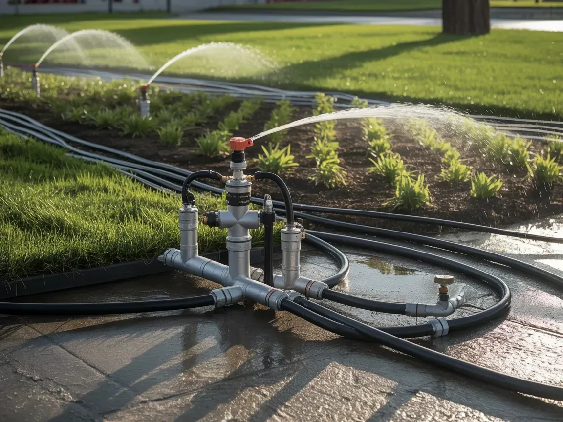 Sprinkler system watering a garden bed beside a sidewalk on a sunny day