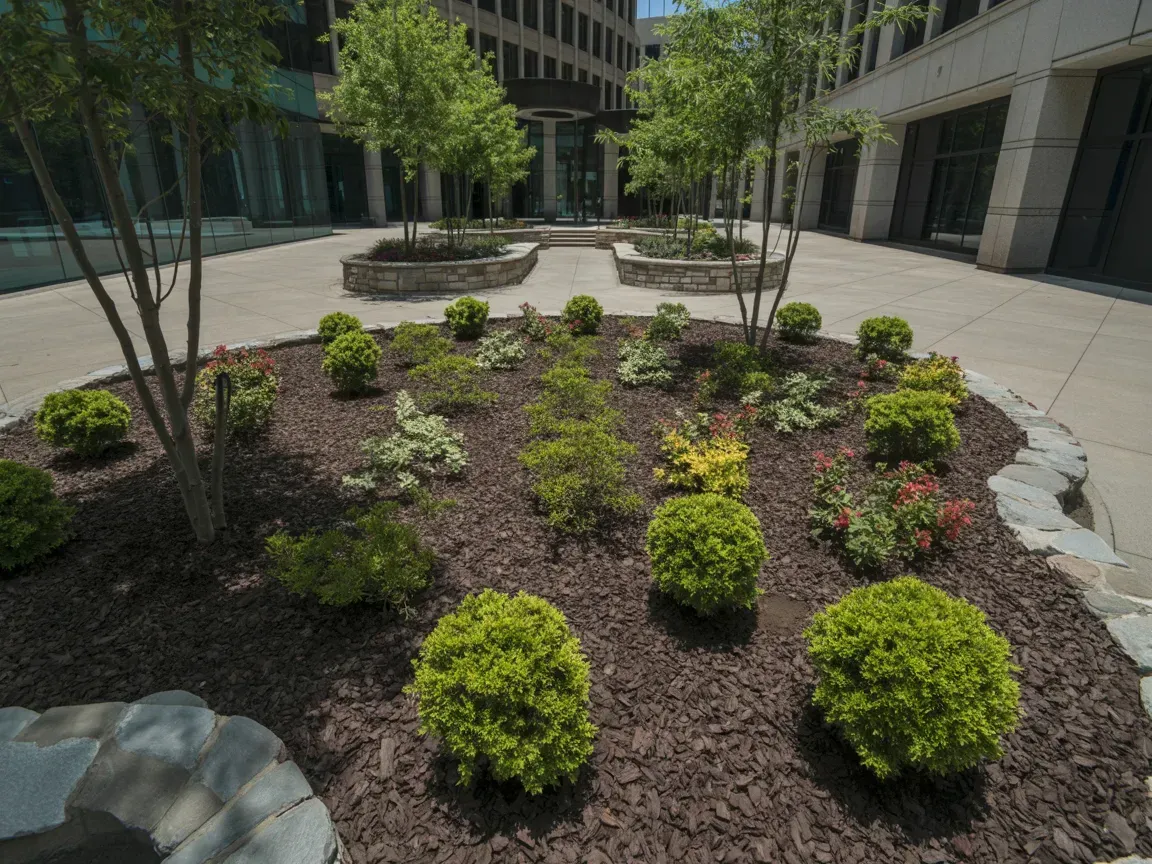 Landscape bed with small shrubs and trees in a modern office courtyard