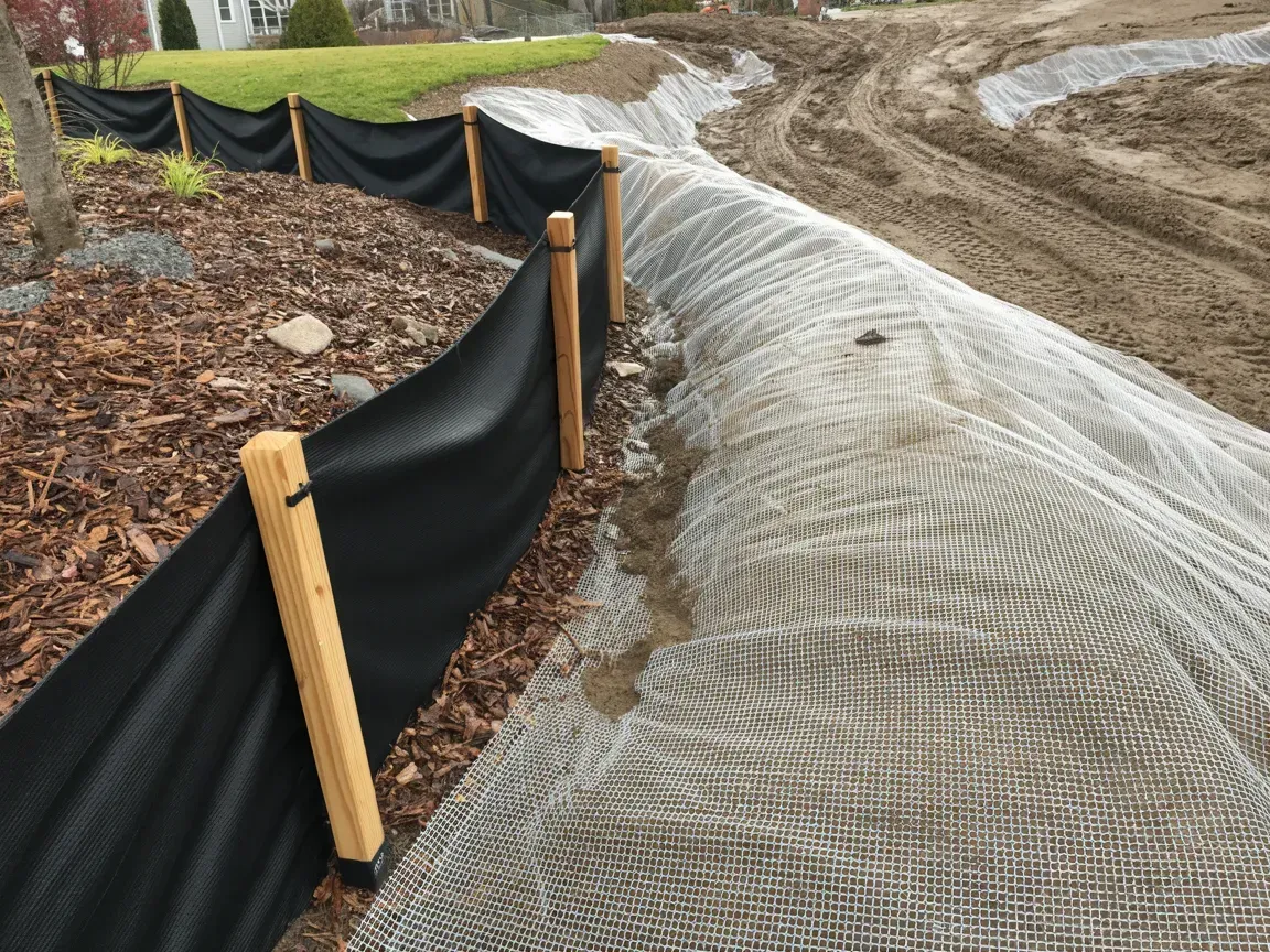 Garden path lined with black silt fence and white erosion blanket beside a muddy field
