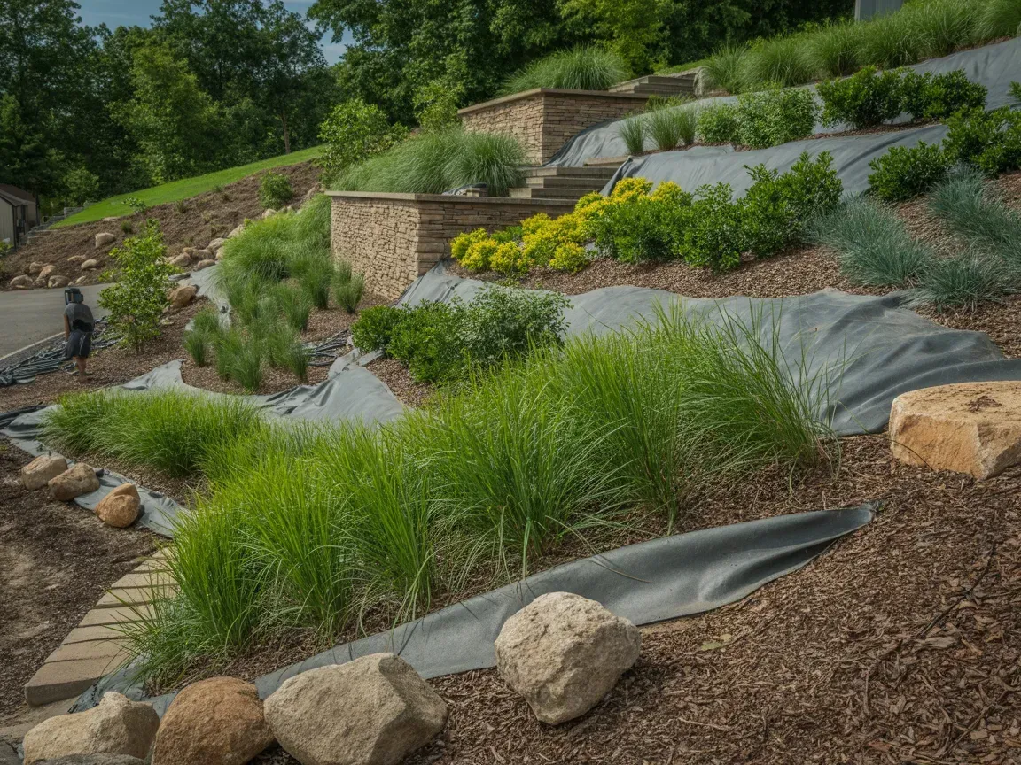 Terraced hillside garden with rocks, gravel, and dense green plants on sloped retaining walls