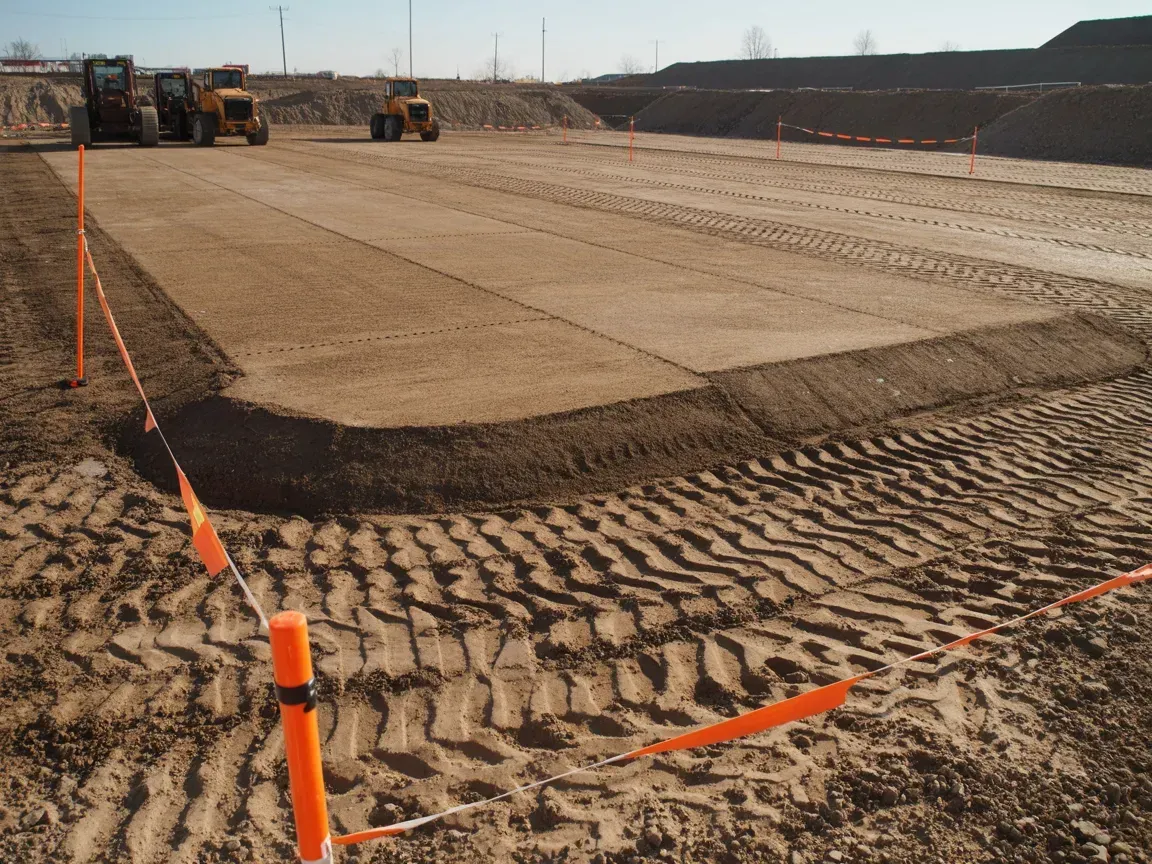 Dirt road construction site with a graded gravel surface, orange stakes, and heavy equipment in the distance