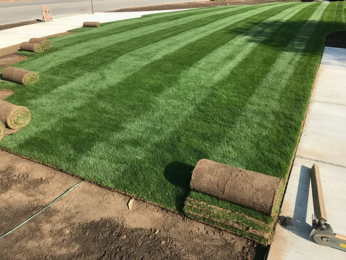 Rolled sod laid in alternating green stripes along a sidewalk, with rolls of turf at the edges