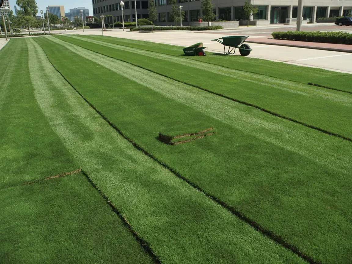 Freshly mowed green lawn with alternating stripes and a sidewalk beside a building