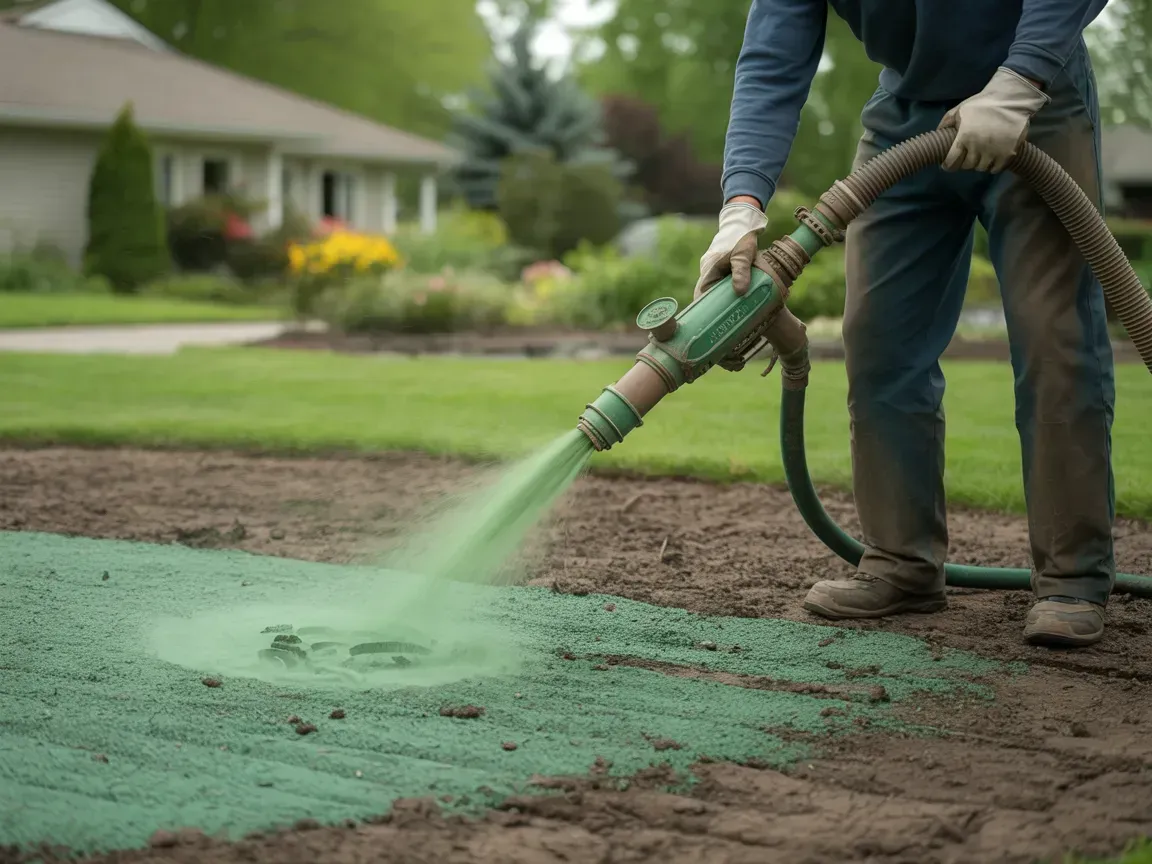 Worker spraying green coating onto soil in a residential yard