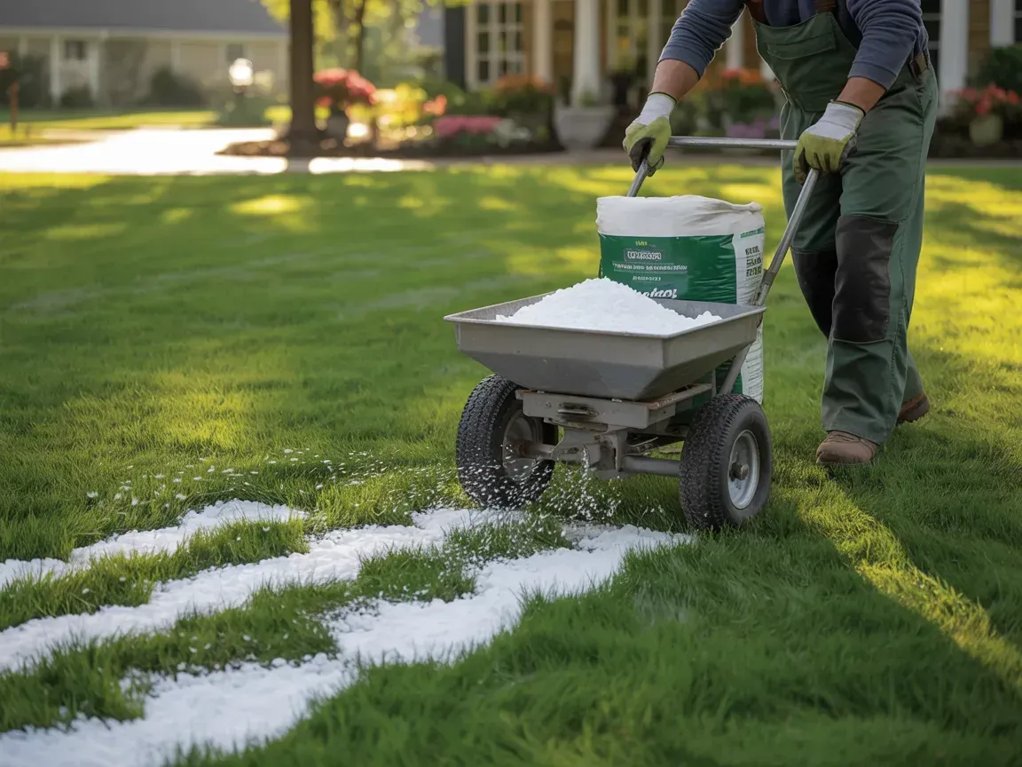 Person spreading fertilizer on a green lawn with a wheelbarrow spreader