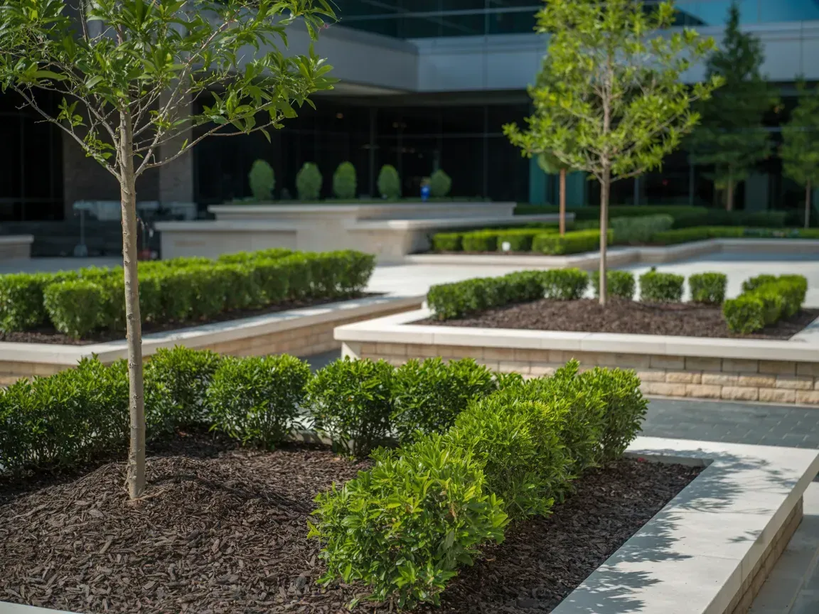 Modern office courtyard with young trees, shrubs, and raised planters in a landscaped plaza