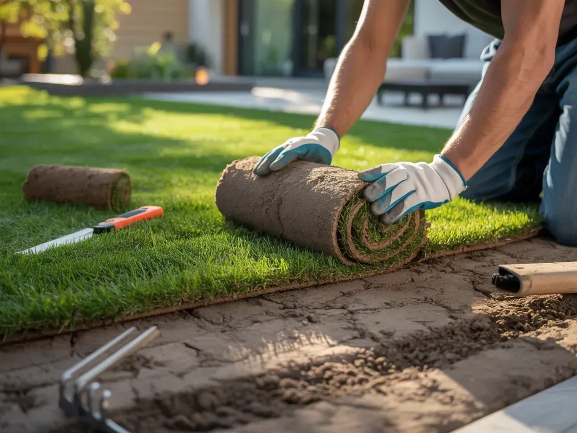 Worker rolling out sod on a lawn beside a dirt path, with gloves and a trowel nearby.
