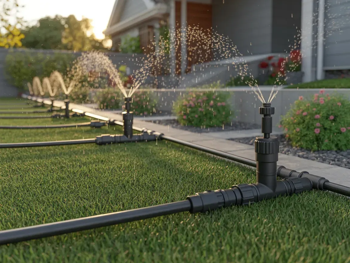Sprinkler system watering a green lawn in front of a house at dusk.