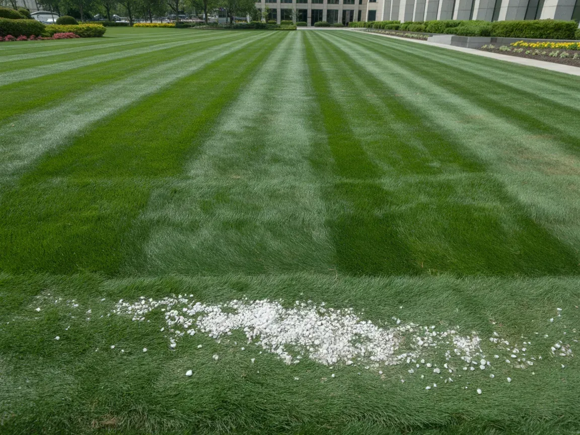Freshly mowed green lawn with white chalk lines and a patch of scattered white residue in the foreground