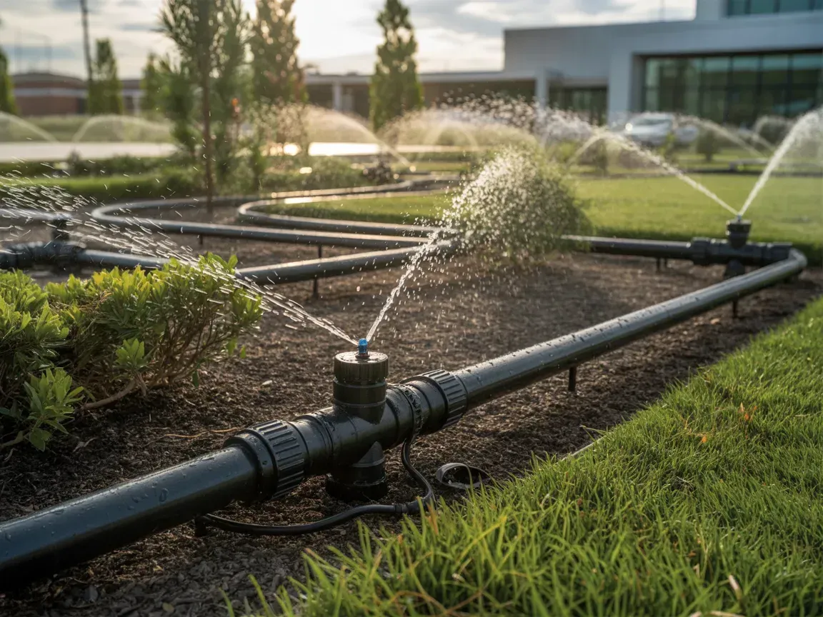 Garden irrigation sprinklers watering a landscaped lawn and shrubs at a building entrance