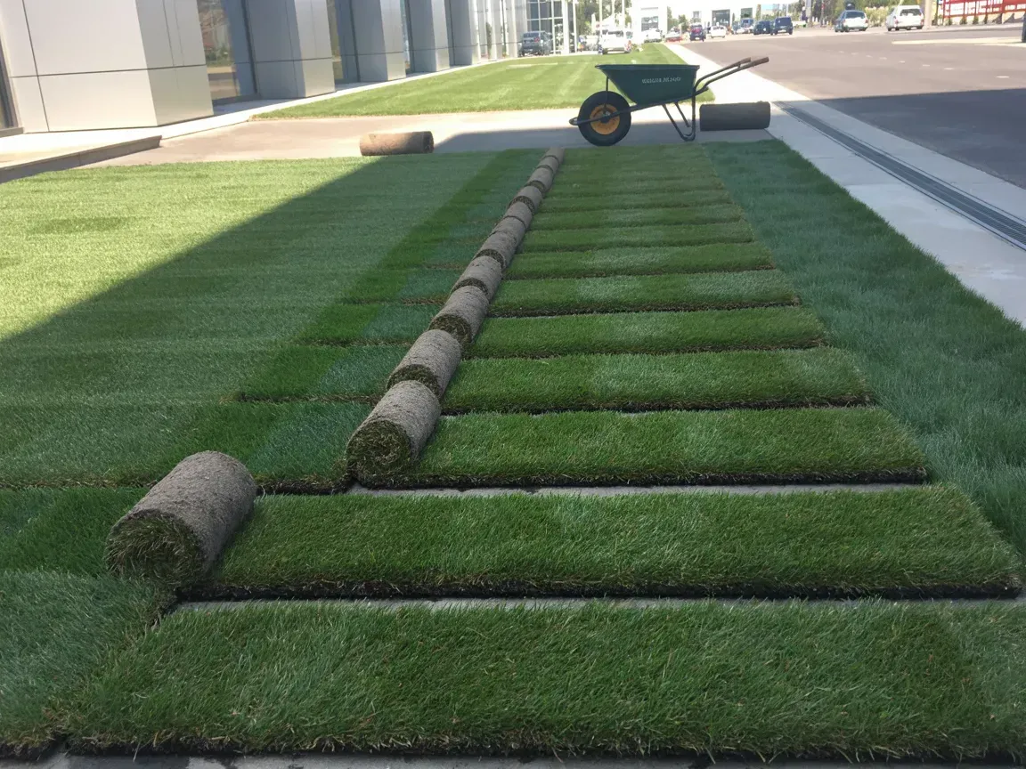 Green turf installation with rows of black pipes and a wheelbarrow in the distance outdoors