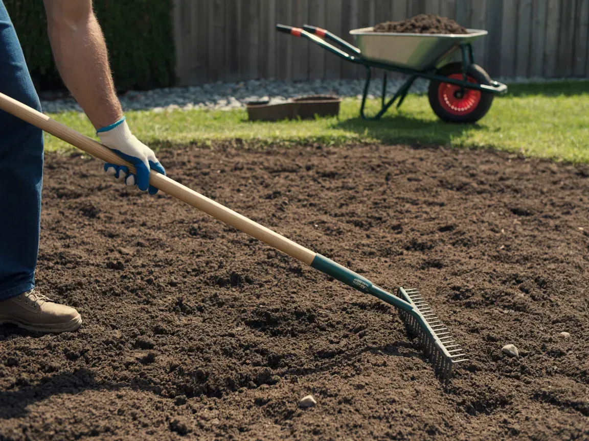 Person raking soil in a garden bed with a wheelbarrow in the background