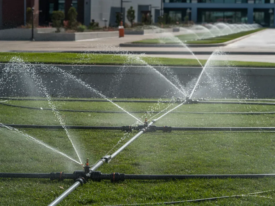 Sprinklers spraying water across a green lawn in a suburban yard