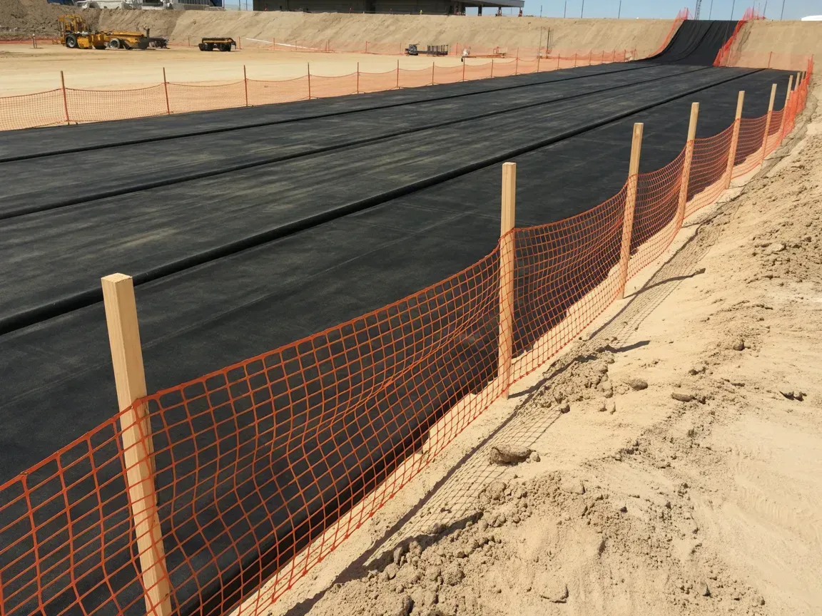 Orange mesh fence beside a black paved roadway under construction in a sandy area