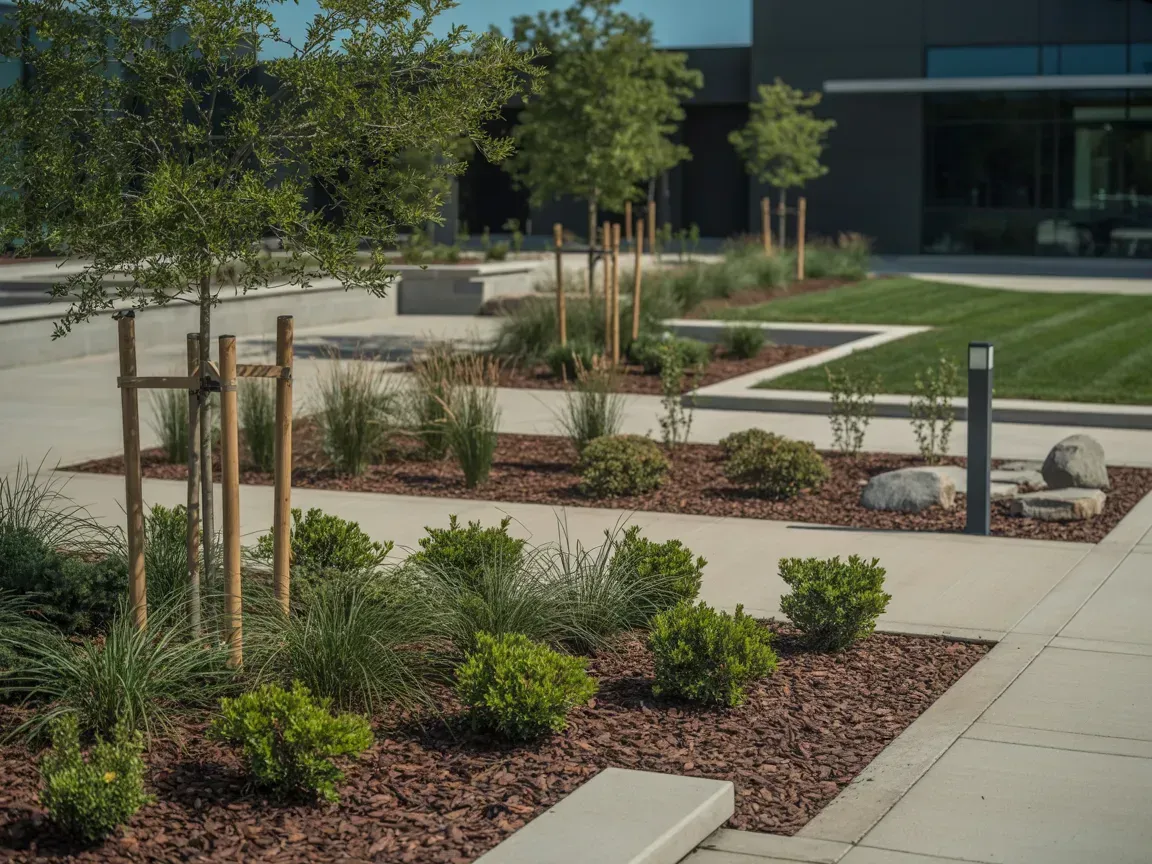 Landscaped courtyard with young trees, shrubs, and paved walkways beside a modern building